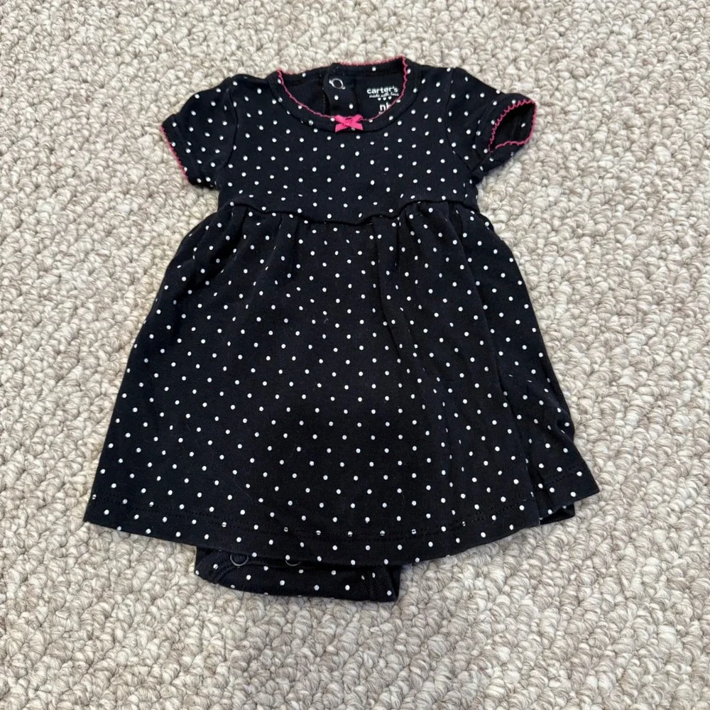 Carters‎ Newborn Black White Polka Dot Dress Bodysuit Pink Trim Bow Size Newborn